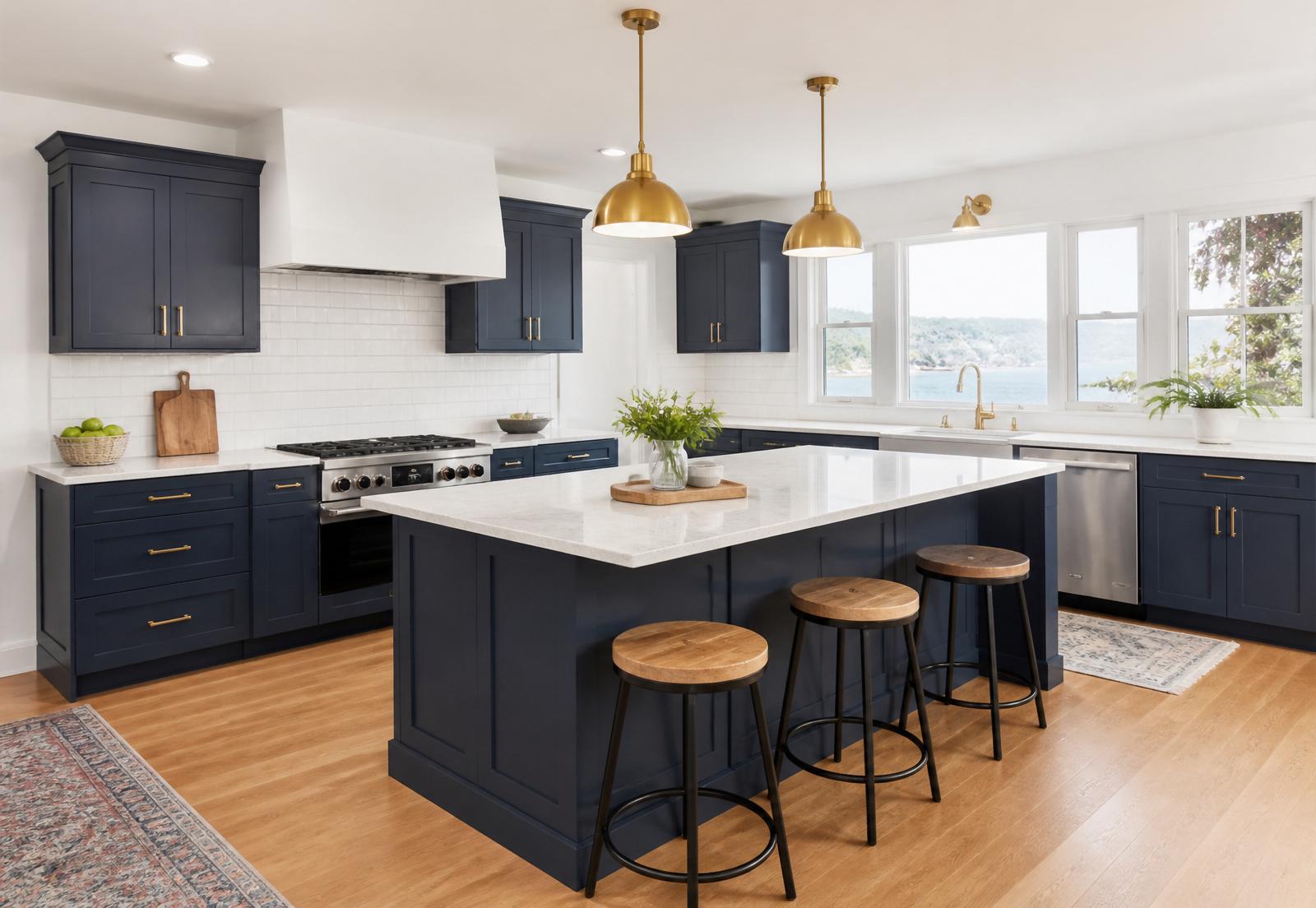 Completed navy shaker kitchen remodel with marble island and brass pendants by Vanguard Contracting in Plymouth, Massachusetts